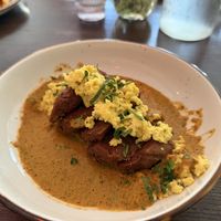 Steak and eggs, sauce was perfectly spicy  at Good Intentions in St Petersburg