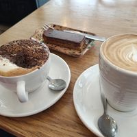 Cappuccino, latte and cake at Zappa's in Totnes