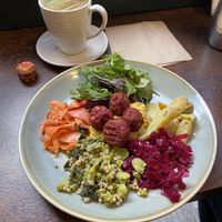 Falafel salad plate & Matcha Latte 💚  at Zappa's in Totnes