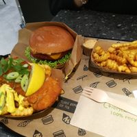Cheeseburger (back) and fish n chips (front)  at VINCENT - The Playce in Berlin