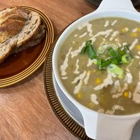 Corn chowder soup with sourdough bread   at Third Culture in East London