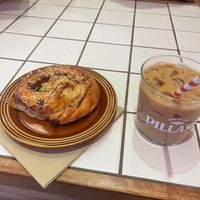 Fermented tofu scroll and iced pandan latte   at Third Culture in East London