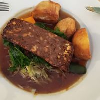 Nut roast, roast potatoes, cabbage, kale, carrot and courgette with gravy at Dabbling Duck in Kings Lynn