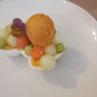 Melon "meringue" with apricot sorbet. at Dabbling Duck in Kings Lynn