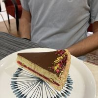 Pistachio and raspberry chocolate tart   at Mishto Café & Deli in Budapest