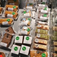 Vegan snacks and cakes: 'seitan broodje', 'sate broodje', carrot cake, brownie, abricot-date cookie and raw bars from Lady FruitCake. at EkoPlaza - Nieuwe Ebbingestraat in Groningen