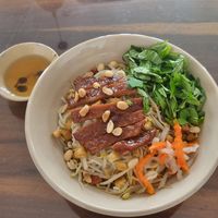 stir-fried vermicelli noodle with grilled vegan meat at Mỹ Thoa Chay in Da Lat