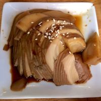 These are the marinated bamboo shoots. This was probably my favorite thing here. A little on the salty side but still very delicious and satisfying. I had some on its own but ended up adding it to my very bland main dish and that really worked. at Mosquito Tapas in Barcelona