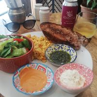 Tofu Scramble platter and kombucha at The Vegan Shack in Panama City