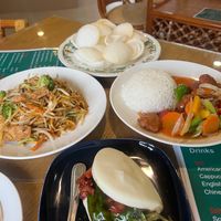 BBQ ‘meat’ bao bun, noodles with tofu and mushrooms, sweet and sour crispy faux chicken with veg and rice, then not prawn crackers. at ZenV Garden  in Gloucester