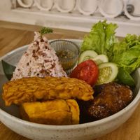 Ayam Bakar (Grilled Chicken with Tempe, Tahu/Tofu, Red Rice, fresh vegetable and sambal/spicy sauce) at Hejo Eatery in Bandung