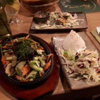 Seetangfilet mit Gemüse, dazu Reis und Salat at Vegan Living in Magdeburg