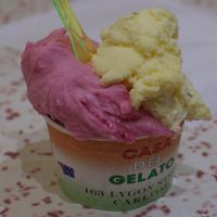 Small cup - Amarena (sour cherry) and passionfruit (with a hint of soy chocolate visible underneath) at Casa del Gelato in Carlton