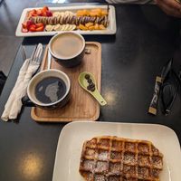Chocolate and fruit crepes, plain waffles, americano at Chocolate Bar Brugge in Bruges