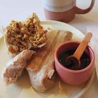 Burrito de tofu y burrito de frijoles con salsa macha at Café Felipa in Hermosillo