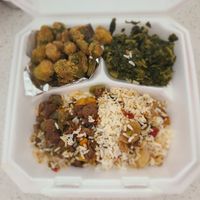 "Steak" and rice with fried okra and collards at Mother Natures Soul Food Vegan in Lynchburg