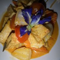 Vegan red Thai curry w rice and tofu  at Aroi Makmak Thai Station in San Juan Siquijor