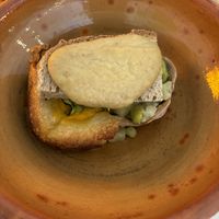 Small part of the third course (toast with chickpea cream which was not hummus but close)  at Piccola Gastronomia da Elsa in Salerno