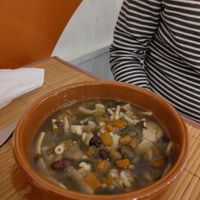 Miso soup with ancient grain pasta and black beans. Served with a lemon drink at Piccola Gastronomia da Elsa in Salerno