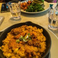 Mac and cheese with buffalo wings on top   at Urban Vegan Kitchen in New York City