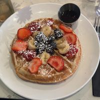 Yummy Belgian Waffle with fresh fruit and maple syrup.  at Urban Vegan Kitchen in New York City