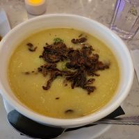 Potato Leek soup with Shiitake mushroom bacon at Urban Vegan Kitchen in New York City