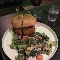 Mushroom burger with onion rings   at Urban Vegan Kitchen in New York City