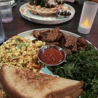 Tofu scramble and chicken and waffles  at Urban Vegan Kitchen in New York City