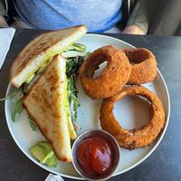 Breakfast sandwich and onion rings  at Urban Vegan Kitchen in New York City