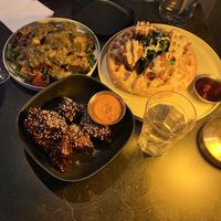 Skewers, chicken and waffles, korean bbq chicken  at Urban Vegan Kitchen in New York City