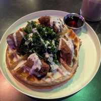 Golden Era Chick-un and waffles with mushroom coffee at Urban Vegan Kitchen in New York City