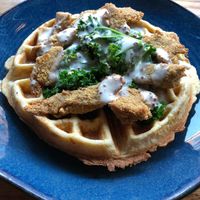 Chicken and waffles with kale at Urban Vegan Kitchen in New York City