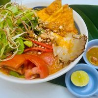 traditional Mi Quang soup, originated from central Viet Nam, all natural sweet and flavor from organic growth veggies at Loving Hut Diệp Lâm Vegan in Ho Chi Minh City