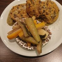 Sweet lupine and lentil balls with pickled zucchini at Das Liebig in Graz