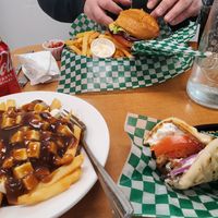 Bakon cheeseburger w/fries, poutine, lamb wrap at Veganarie - Resto Végan in Montreal
