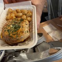 Breakfast burger with tots. We ordered other stuff but we ate it too fast!   at Black Leaf Vegan Cafe in Indianapolis
