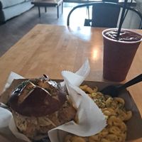 Crabless Cake, Mac n chz, smoothie at Black Leaf Vegan Cafe in Indianapolis