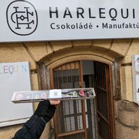 Vegan truffles and pralines outside the shop entrance. at Harlequin Chocolates in Budapest