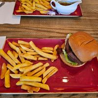 Vegan beyond meat stack burger and chips. at Hungry Horse - Chase in Thetford