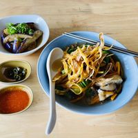 Crispy noodles and steamed aubergines  at Real Food 真食 - Orchard in Central Singapore