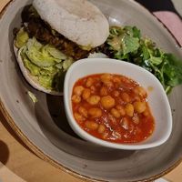 Curried black bean burger, with salad and homemade baked beans at Real Food 真食 - Orchard in Central Singapore