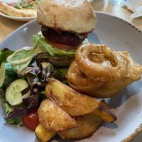 Beetroot and millet burger with onion rings, salad and extra side of wedges  #Veganuary at Real Food 真食 - Orchard in Central Singapore