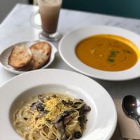 Cabonara and pumpkin soup, very tasty!  at Real Food 真食 - Orchard in Central Singapore