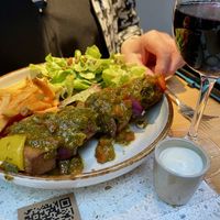 Marinated skewer of kefta balls, tofu and shiitakes, salsa verde, home fries and salad 26€ (May 2026 menu)  at Verdō in Brussels