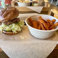 Lions mane chicken sandwich with sweet potato fries   at ChagaRoot in Las Vegas