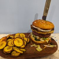 Hawaiian Burger with plantain chips at Vegano O No in Panama City
