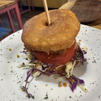 Bagel hamburger  at Vegano O No in Panama City