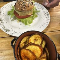 Hand Made banana chips and hamburger   at Vegano O No in Panama City
