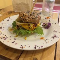 Very tasty vegan burger with melted cheese  at Vegano O No in Panama City