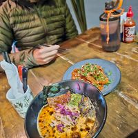 Red tonkatsu and orange chicken (half portion) at Vegan Ramen Mei - Condesa in Mexico City
